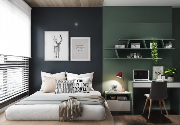 thiết kế phòng ngủ tối giản với tông màu xám